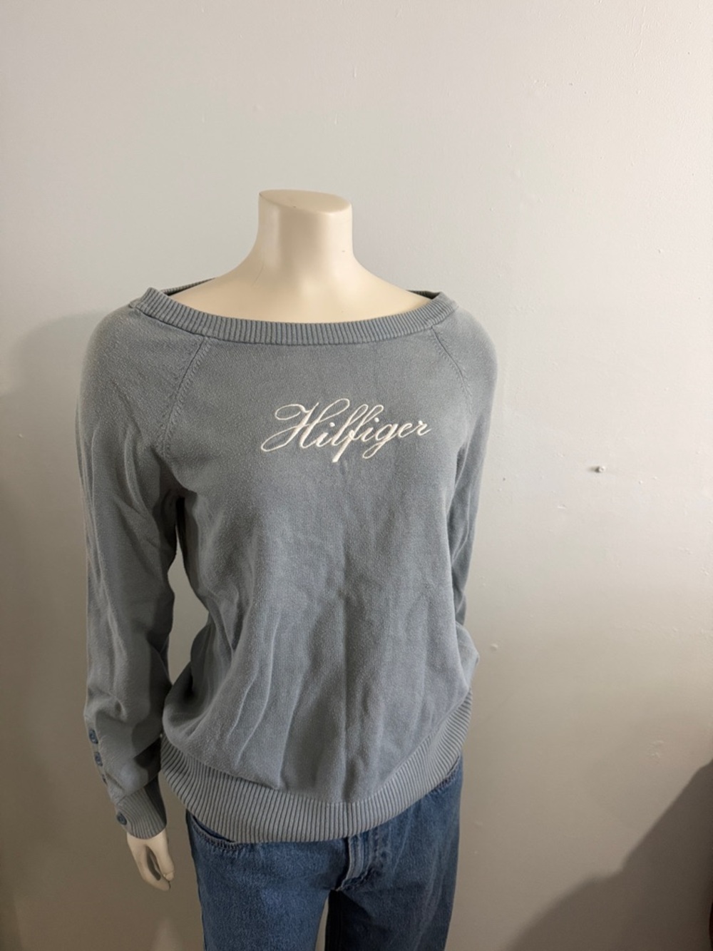 Tommy Hilfiger Pale Blue Off-the-Shoulder Sweater with Script Logo